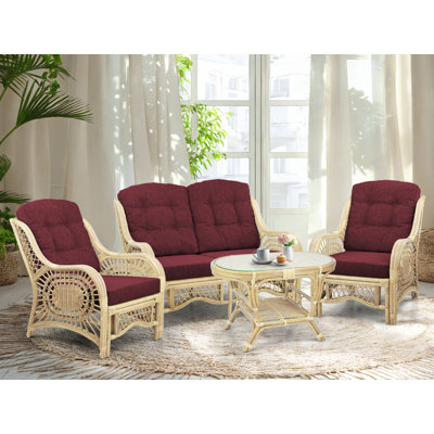 Malibu Lounge Set Of 4: 2 Natural Rattan Wicker Chairs, Loveseat And Coffee Table W/Glass Handmade, Natural Color