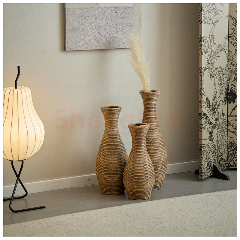 3-Piece Elegant Beige Artificial Rattan Floor Vase for Living Room, Entrance, or Hallway - Versatile Home Decoration for Dry or Silk Flowers