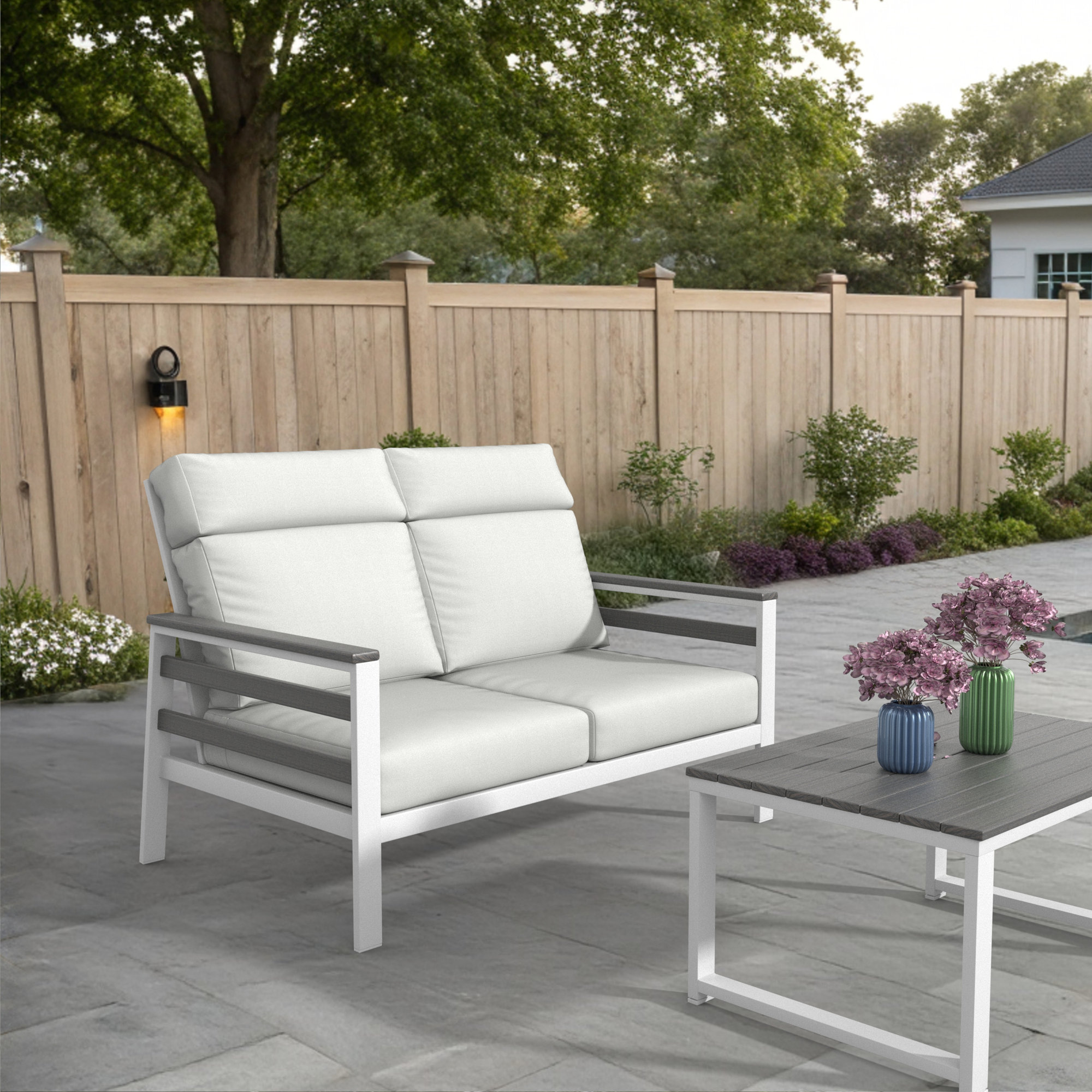 Townsend Metal Outdoor Loveseat With Sunbrella Cushion, Solid Color, Canvas White