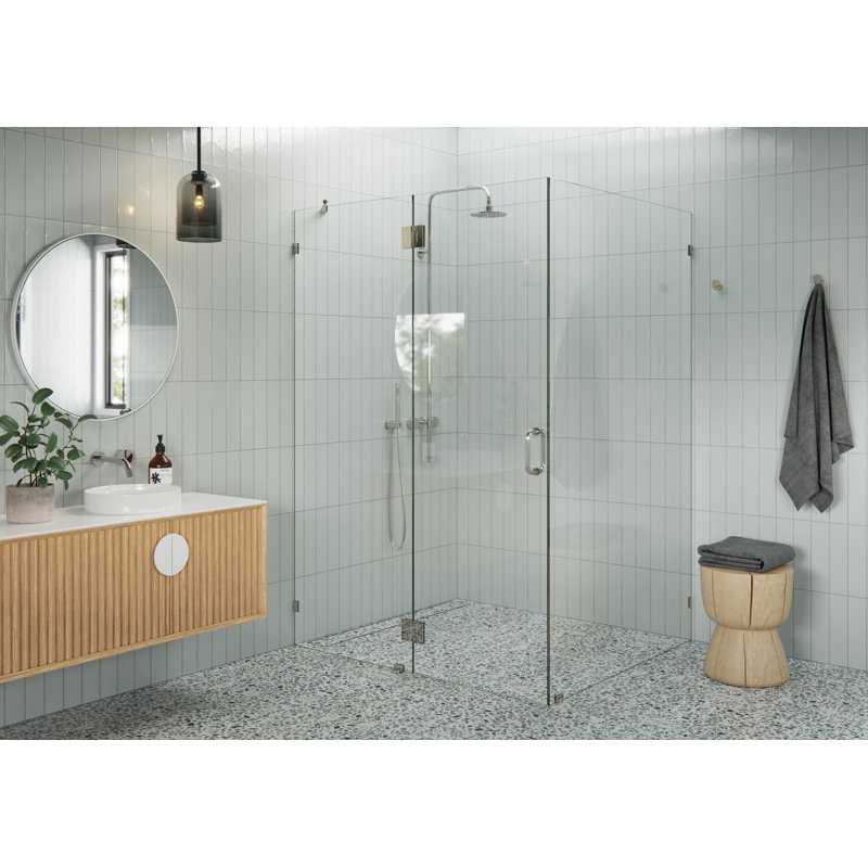 Halo 56 in. x 48 in. x 78 in. 90-degree glass hinged Fully Frameless Glass Shower Enclosure, Polished Nickel