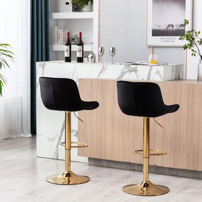 De 2 tabourets de bar noirs avec repose-pieds et base, levage mécanique, velours + pattes dorées, 13,38 po de largeur, 18,61 po de largeur, base pivotante à hauteur réglable, 2 tabourets