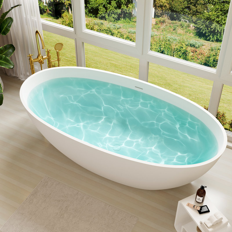 CASAINC 70.87" Oval Solid Surface Freestanding Soaking White Bathtub With Drain