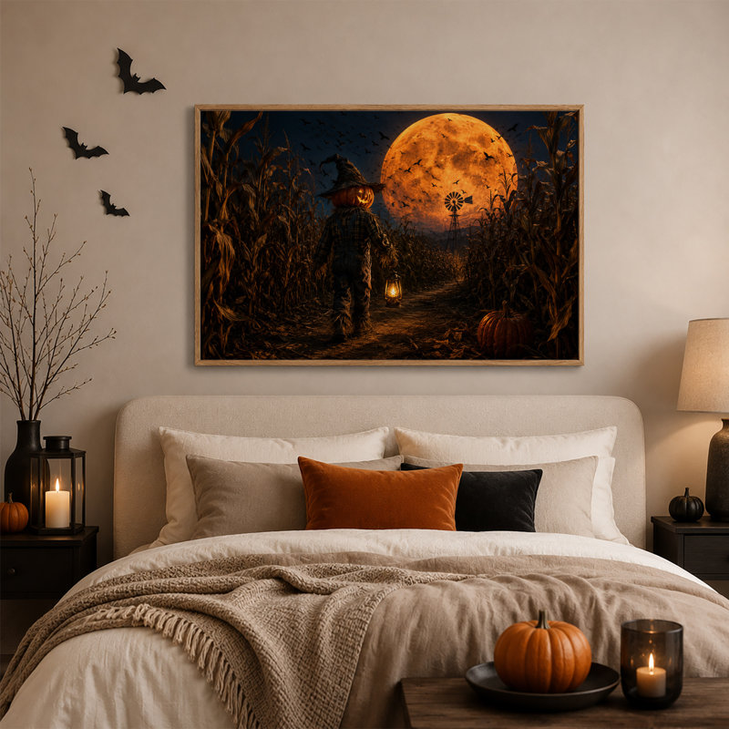Épouvantail à tête de citrouille dans un champ de maïs avec toile murale d'Halloween orange, 36"H x 48"W