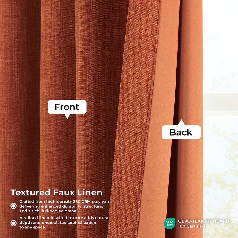 Ottis Faux Linen Room Darkening Curtain Panel, Desert Orange, 50" W x 108" L