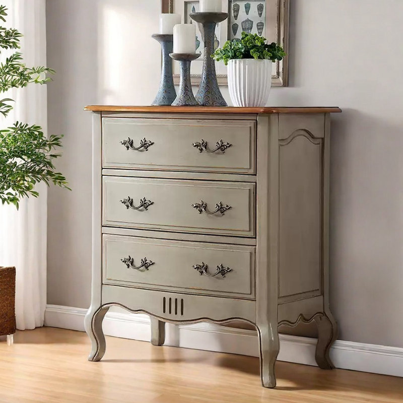 Commode d'appoint multifonctionnelle 3 tiroirs, Brun / blanc antique