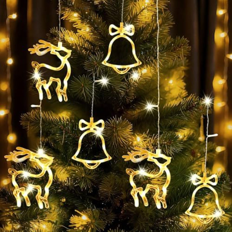 Christmas Curtain String Lights, 8.3 FT Linkable Warm White Window Fairy Lights With 12 Reindeer & Bell Pendants, 8 Modes Waterproof For Xmas Tree Holiday Party Decorations