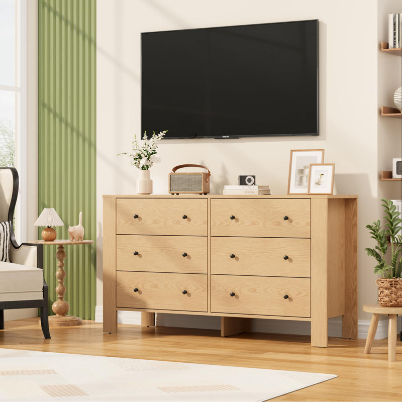 6 Drawer Modern Dresser with Metal Knobs, 50" Wide Large Wood Storage Chest for Bedroom Living Room, Yellow