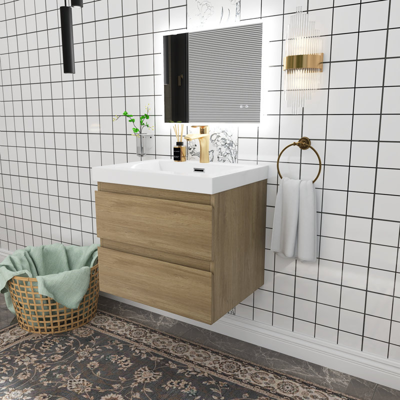 Meuble-lavabo simple avec plateau en résine Teriann, Chêne naturel