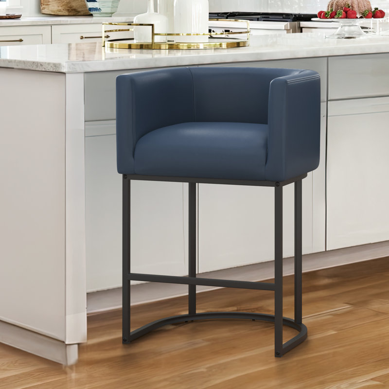 Tabouret de bar H 33,5 po Christlyn, Siège bleu marine / structure noire, Simili cuir