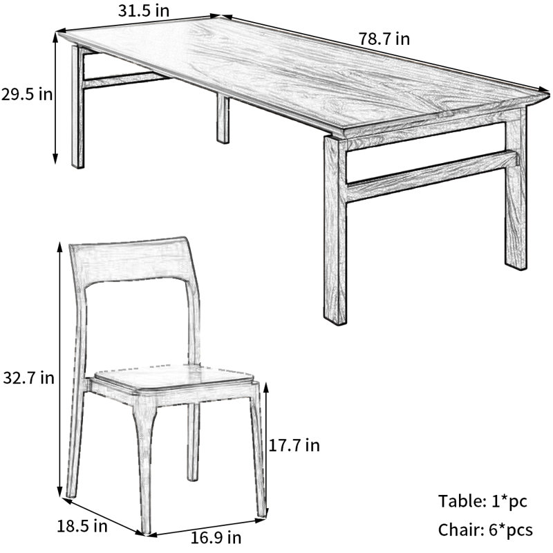 Rectangular Home    Walnut    Dining    Set, 29.5"H x 78.7"L x 31.5"W