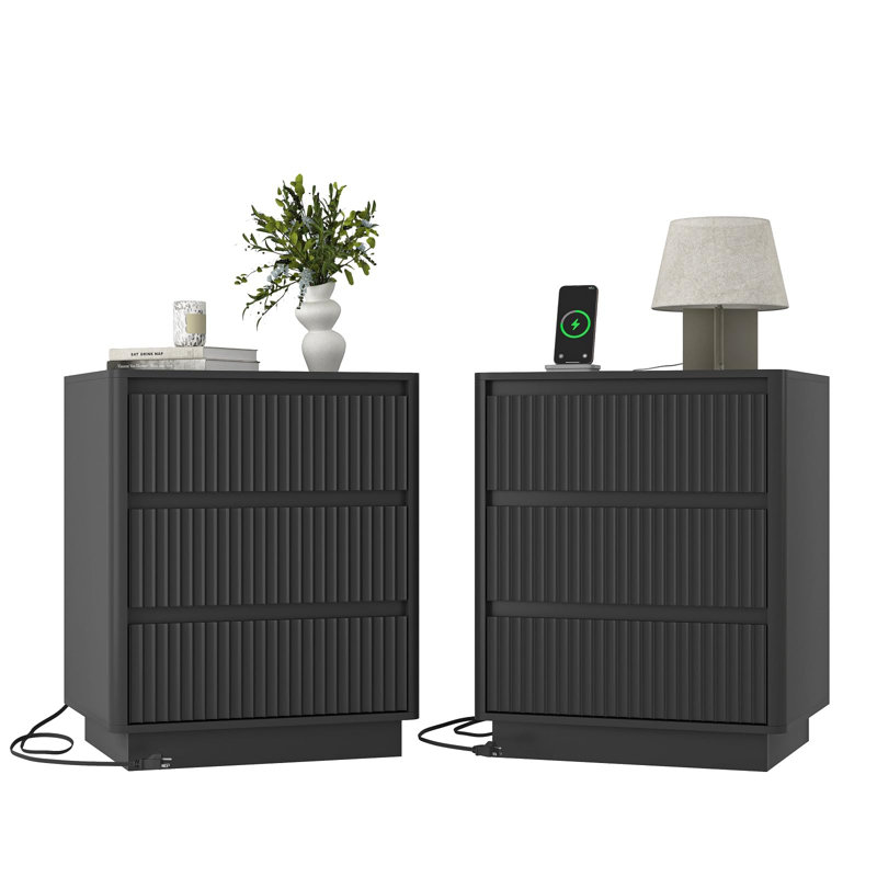 Ensemble de tables de chevet modernes avec 3 tiroirs, ensemble de 2, Noir