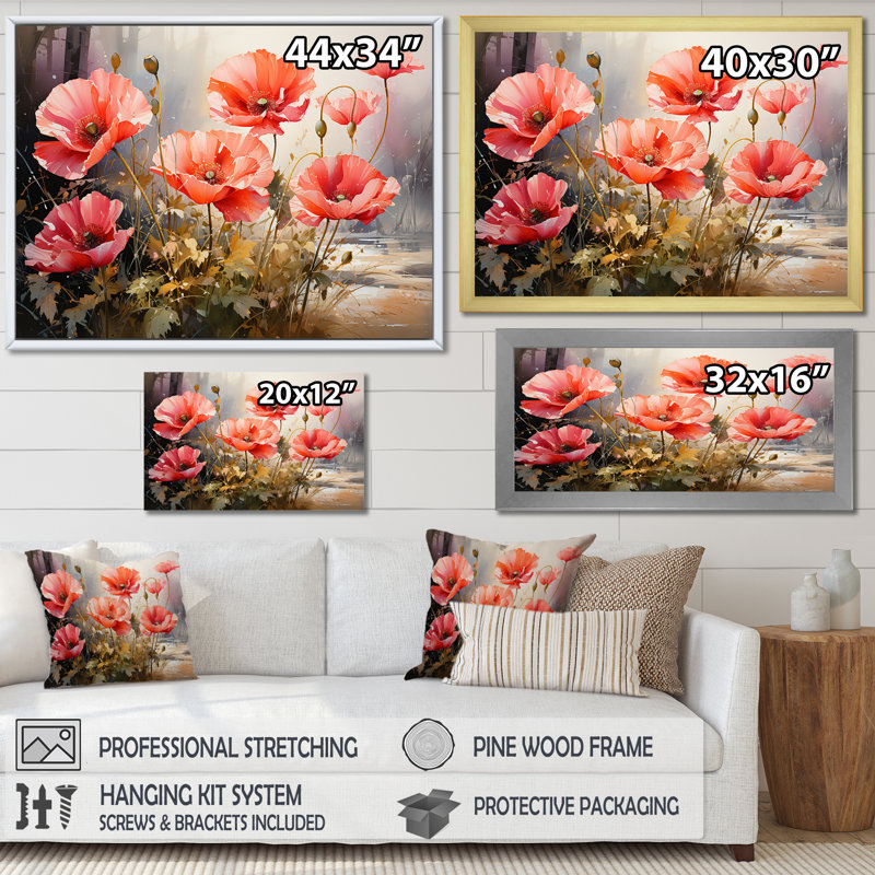 «Red and Green Poppy Reverie III», art mural coquelicots, Cadre d'angle fermé noir, H 24 po x l 32 po x P 1 po
