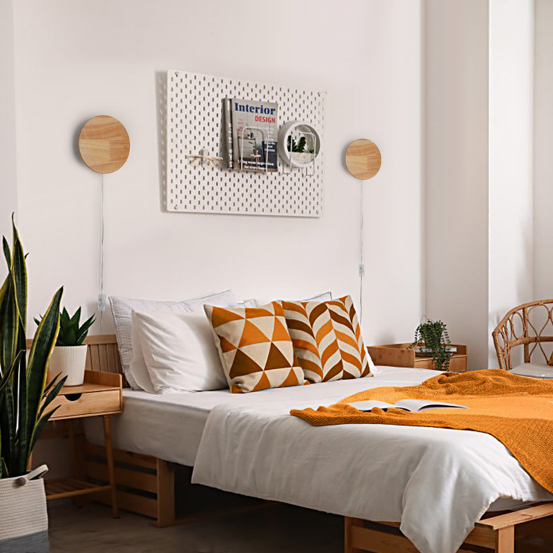 Modern Minimalist Plug-in Or Cordless Wall Sconces, Round Wood Backlight Led Wall Lamp,  For Bedroom