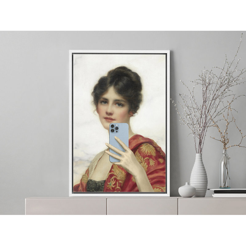 «Portrait de femme avec téléphone», Cadre flottant blanc, H 24 po x l 16 po