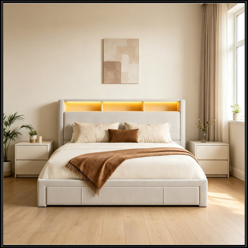 Grand lit rembourré Geiser avec tiroirs, chargement DEL et USB, Beige