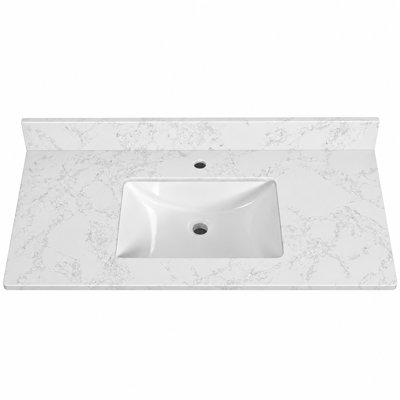 Plan de toilette simple en quartz de 124,5 cm x 56 cm avec lavabo encastré en céramique et dosseret de 10 cm.