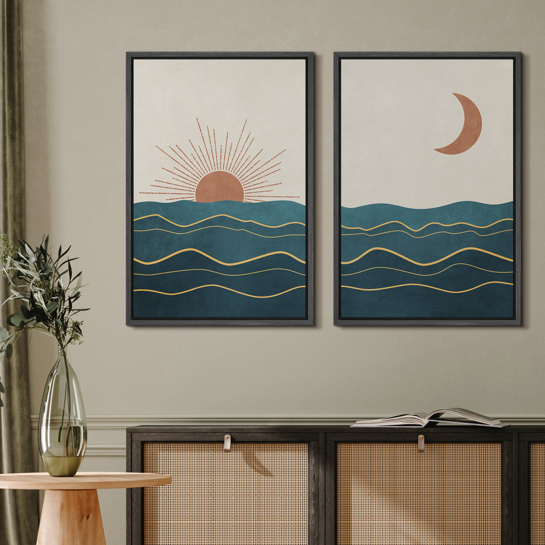 IDEA4WALL Framed Wall Art Print Set Shining Sun And Crescent Moon Over Teal Ocean Waves Abstract Shapes Illustrations Modern Minimalist For Living Room, Bedroom, Office IDEA4WALL Frame 
