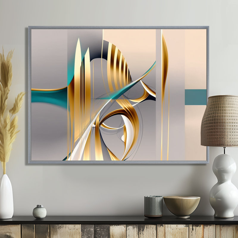 «Minimal Gold Abstraction On Turquoise Horizon I», art mural fractales, H 24 po x l 32 po x P 1 po, Cadre argenté flottant