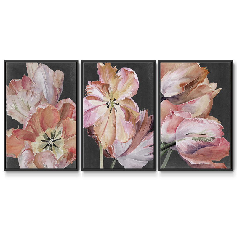 Pastel Parrot Tulips I, ensemble de 3 toiles encadrées sur toile, Noir, H 27 po x l 54 po