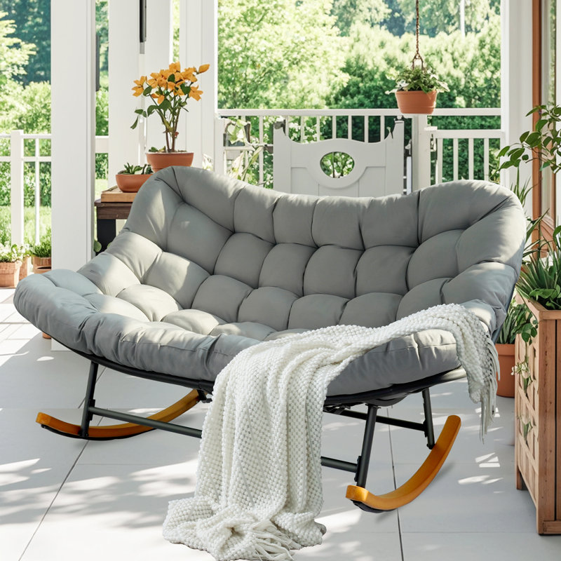 Patio Rocking Chair Outdoor, Oversized Papasan Rocking Chair for 2 with E-Coated Steel Frame and Thick Cushion,Grey