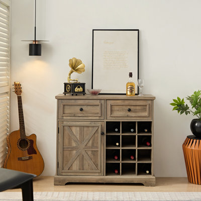 Farmhouse Buffet Cabinet With Storage Sideboard With 2 Drawers, Wine Bar Cabinet With Removable Wine Racks Storage Shelves, Liquor Coffee Bar Cupboard by Ophelia & Co.