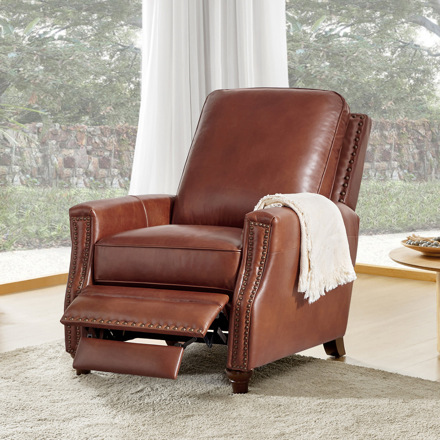 Andrena Genuine Leather Recliner with Nailhead Trim, Brown Genuine Leather