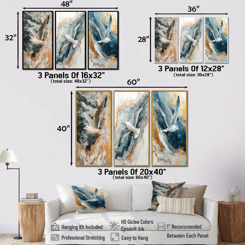 Ailes de marbre bord de mer au-dessus des vagues I - Collection de décorations murales Seagull, H 28 po x l 36 po, Noir