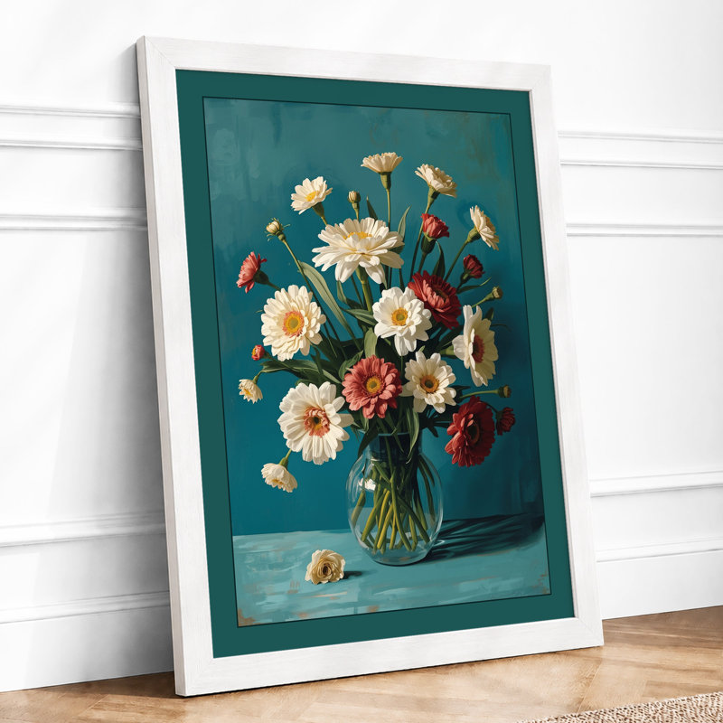Blooms in Teal Botanical - Framed Print, A2 - 59.4 x 42.0 cm, White