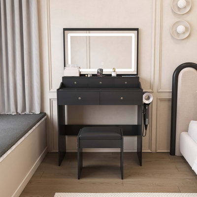 Grand bureau de meuble-lavabo à miroir pour chambre à coucher, ensemble de meuble-lavabo moderne avec prise de courant et support pour sèche-cheveux, 5 tiroirs, 3 coiffeuses réglables de couleur pour la chambre à coucher