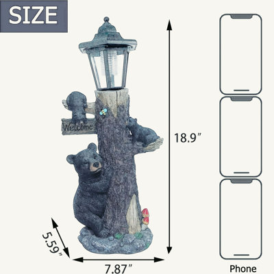 Charmante statue de jardin d'ours à énergie solaire avec signe de bienvenue, décoration en résine de 19 pouces pour les espaces extérieurs, parfaite pour les fêtes et les cadeaux