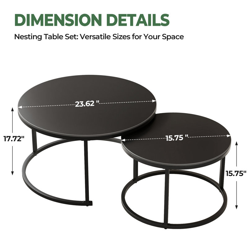 Ensemble de 2 tables basses gigognes en pierre frittée noir mat pour le salon, H 17,72 po x L 23,62 po x l 23,62 po