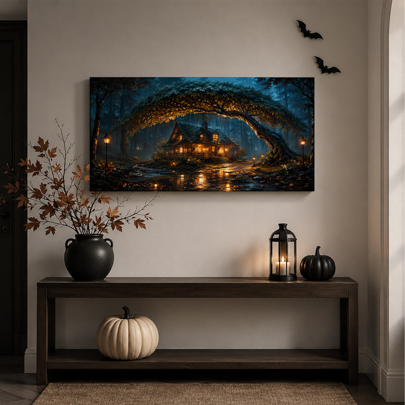 Cabane illuminée sous un arbre voûté dans la forêt - Toile murale d'Halloween, 24"W x 12"H