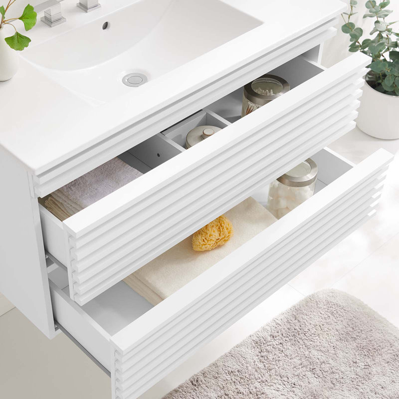 Modway Render 36" Wall-Mount Bathroom Vanity, White/Walnut