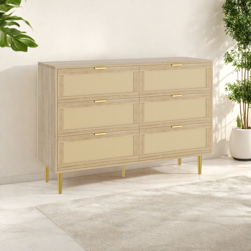 Commode 6 tiroirs, commode en rotin, commode en bois de ferme avec pieds en métal, commode double large, grande unité de tiroir pour chambre à coucher, salon, chambre de bébé