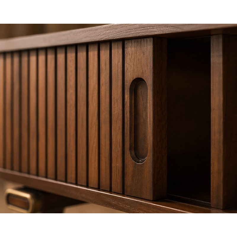 Fluterra 47.5"W Mid-Century Solid Wood Coffee Table · Fluted Tambour Doors · Storage Shelves