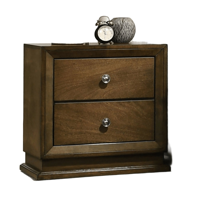 1pc Walnut Bedside Nightstand In Transitional Style, 2 Drawers, Zinc Iron Bronze Metal Knob, Engineered Wood, Solid Rubberwood, Veneer, English Centre Glides, Simple Assembly For Bedroom Elevation