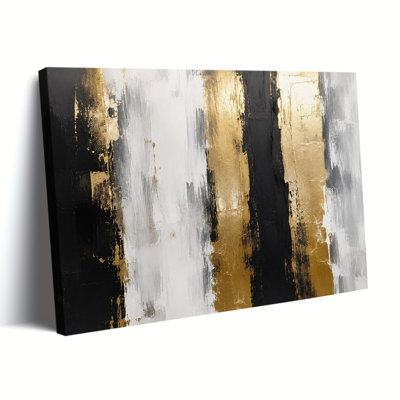 Black White Gold Vertical Stripe Textured Abstract Impasto Canvas Art, Wrapped Canvas, Ready to Hang