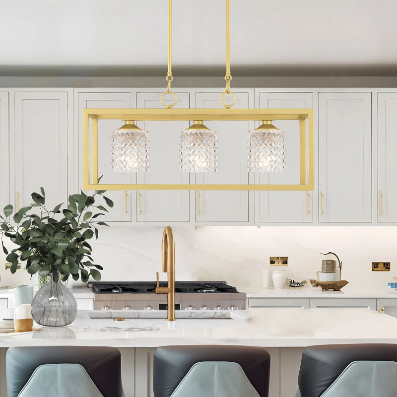 3 - Light Kitchen Island Rectangle Chandelier, Satin Brass