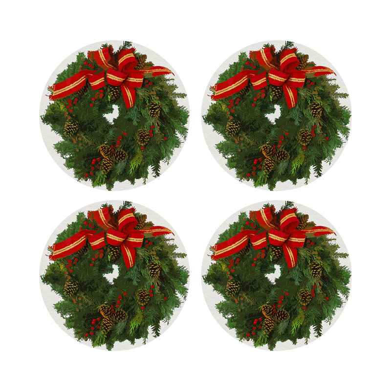 Christmas Wreath Vegan Leather Round Pebble Placemat, White Red