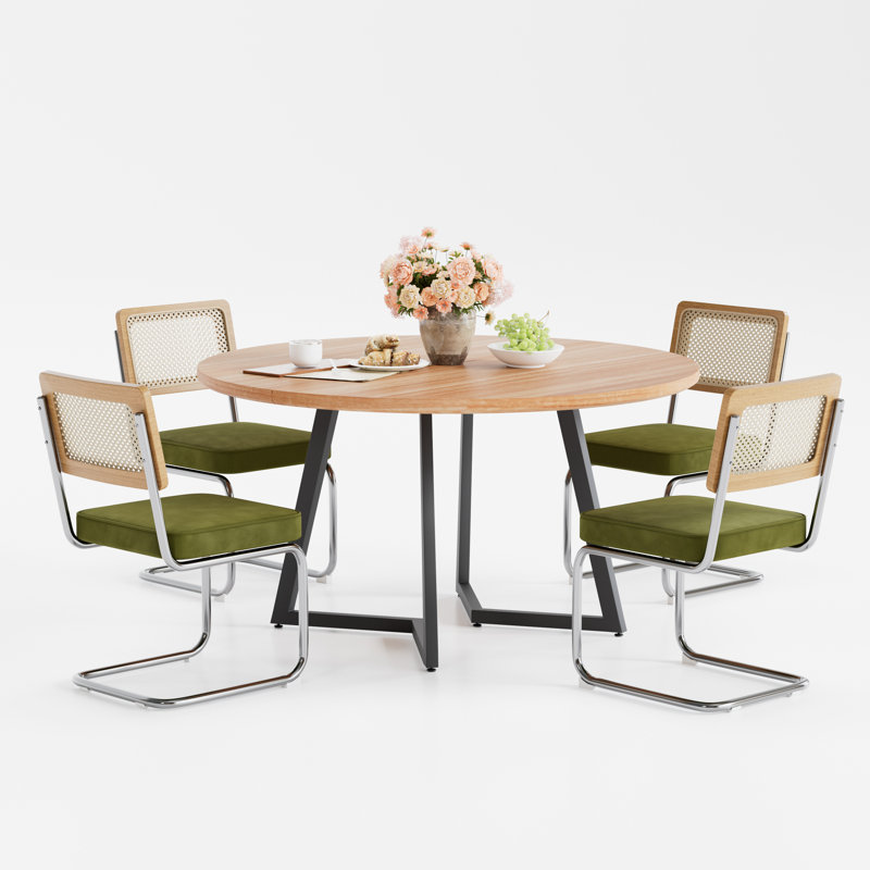 Ensemble de table de salle à manger Mid Century, 5 pièces: table, 4 chaises, Chêne, Vert / Argent
