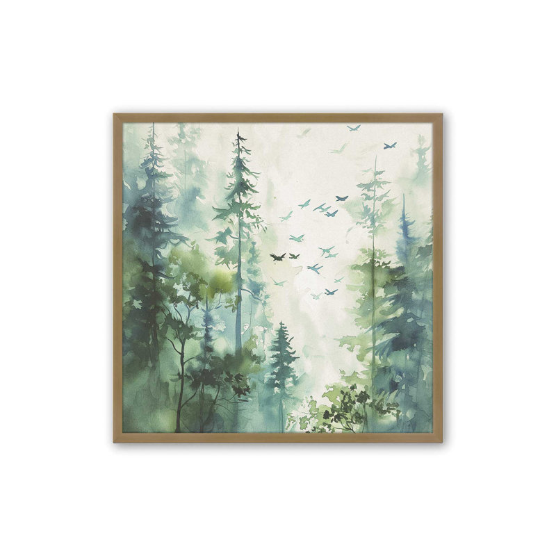 Oiseaux des bois dans la brume II, Cadre doré brossé, H 13,75 po x l 13,75 po