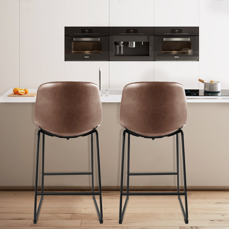 Parveena PU Leather Bar Stools With Back, Brown, Counter Stool (24" Seat Height), 2