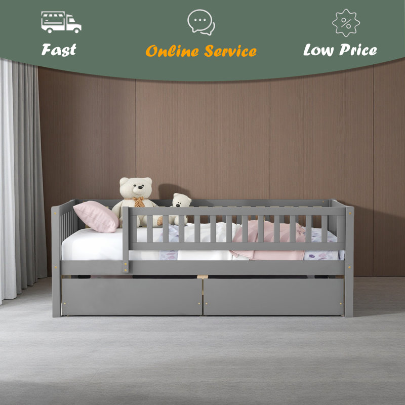 Lit de jour simple en bois avec deux tiroirs, Gris