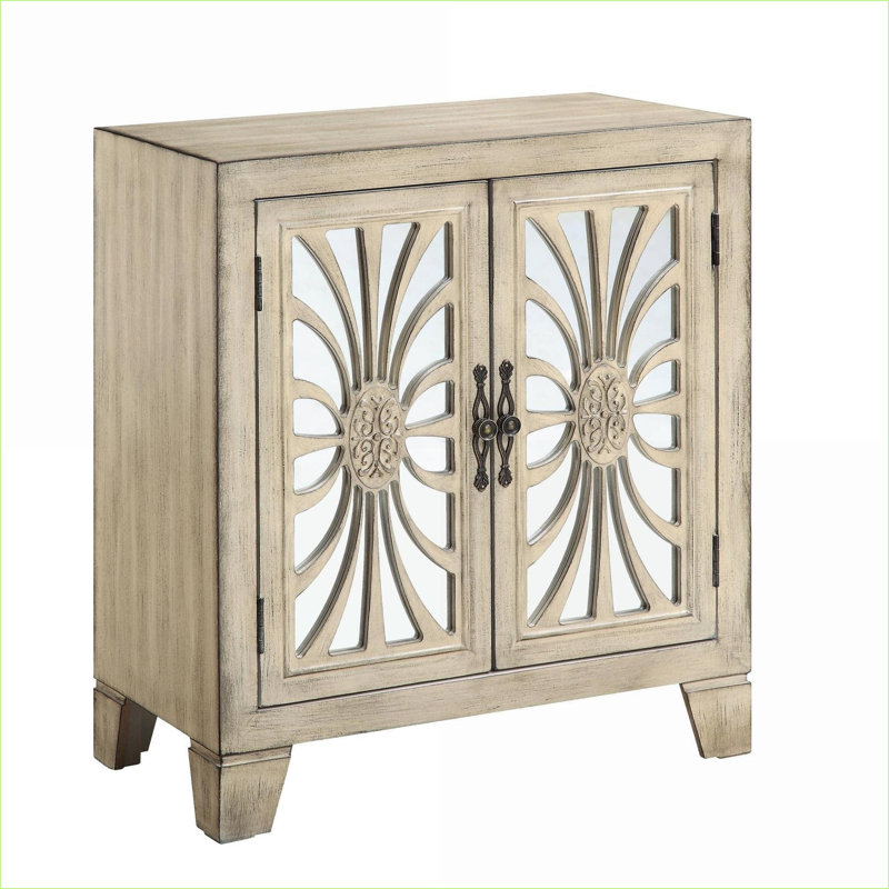 Armoires | Console de rangement pré-assemblée, finition blanc cassé, structure en bois d'hévéa, portes en verre, tablette de rangement intérieure | Shabby Chic | Hall d'entrée