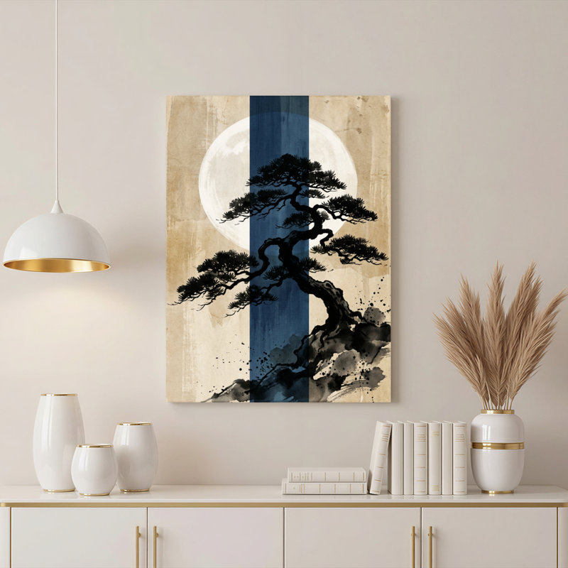 Tableau sur toile tendue représentant un pin japonais et la pleine lune (1 pièce), H 36 po x l 24 po