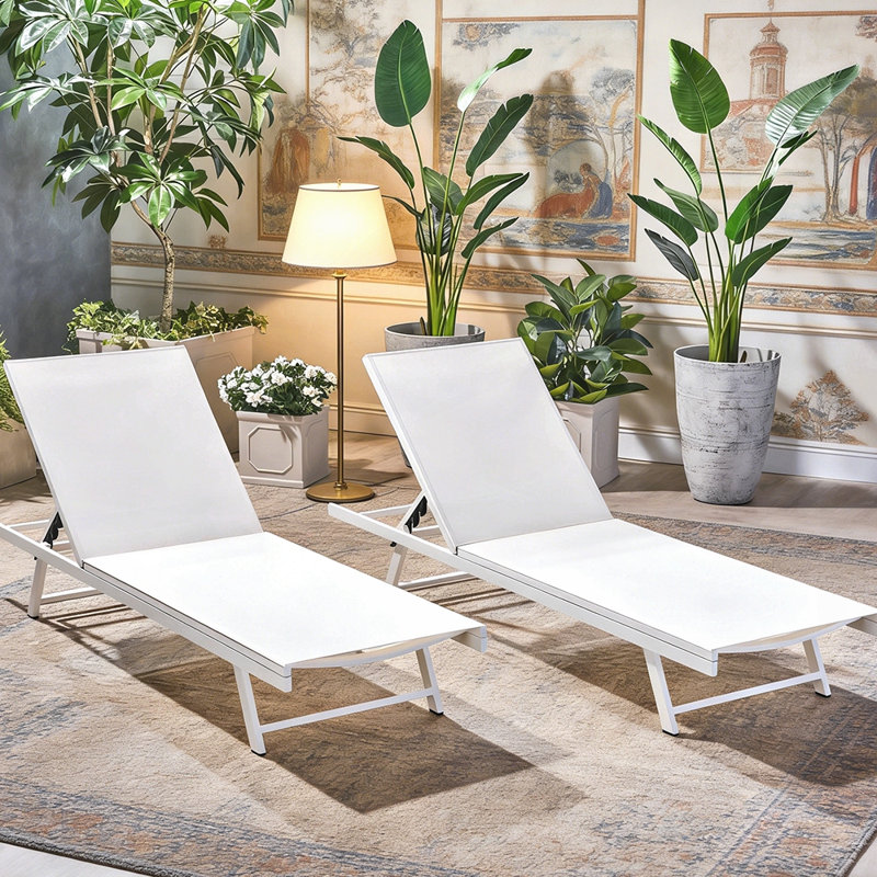 Outdoor Chaise Lounge Set of 2 with 5-Position Adjustable Backrest, Steel Frame, and Textilence Seat for Patio and Poolside Relaxation