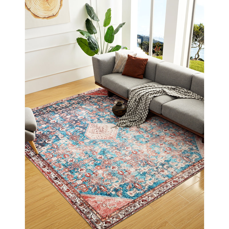 Aaruhi Machine Washable Oriental Red/Blue/White Area Rug, Rectangle 6'7" x 9'
