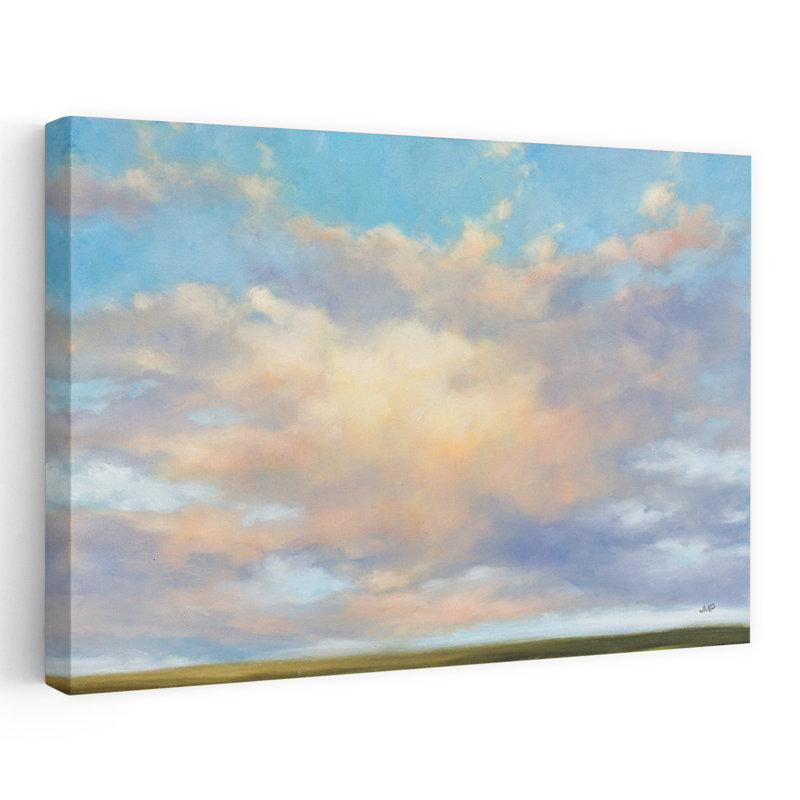 Skyscape contemporain bleu paysage blanc nuage vert, H 24 po x l 16 po