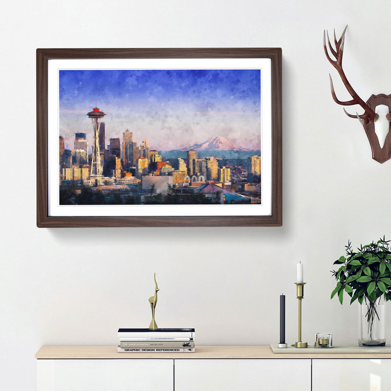 Seattle Skyline - Picture Frame Painting Print, Walnut Framed, 24cm H x 33cm W x 2cm D