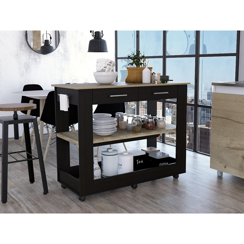 Kitchen Island with Drawer Shelves and Casters, Black Pine, 36.5" H x 46" W x 20" D